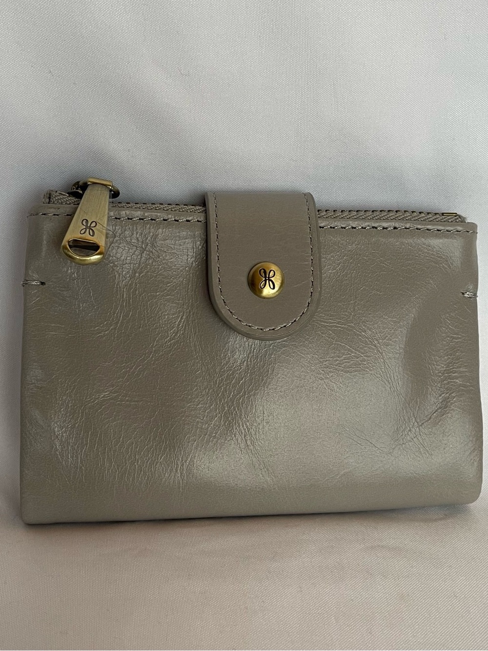 HOBO Gray Leather Snap Wallet with Gold Hardware Like New